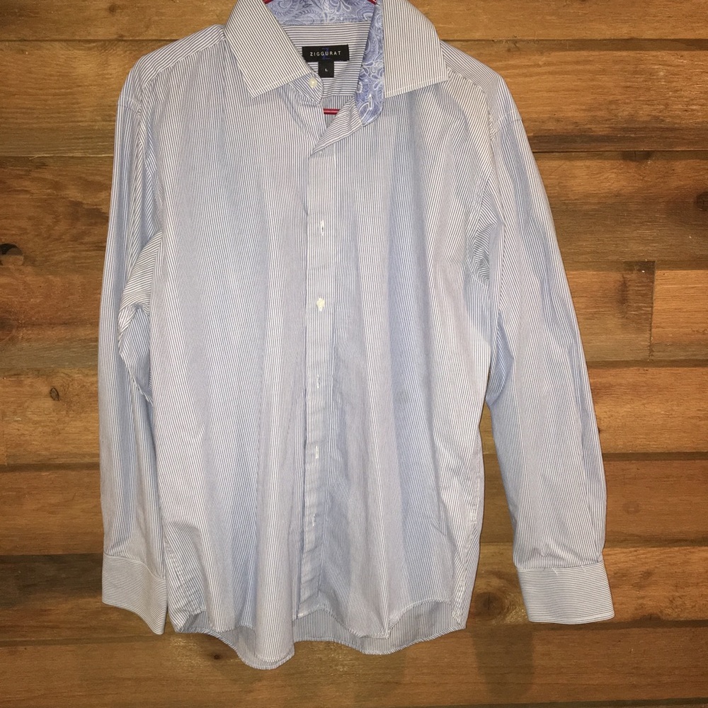 Long sleeve white and blue striped dress shirt